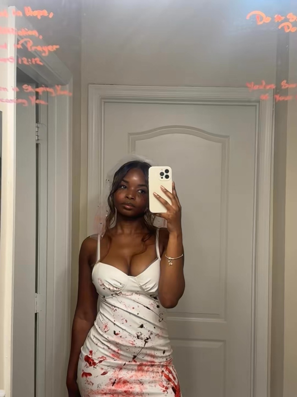 White Satin Slip Halloween Dress with Red Paint-Effect